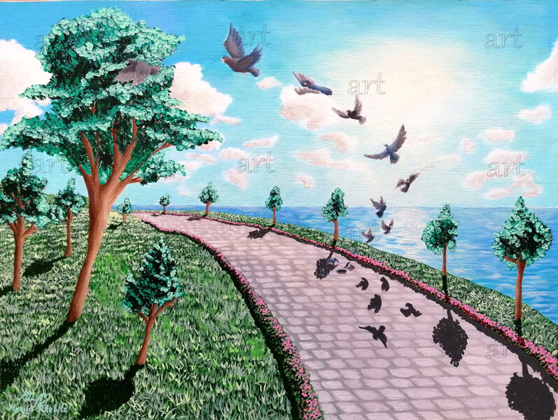 „Pigeons rise up“ (landscape)“