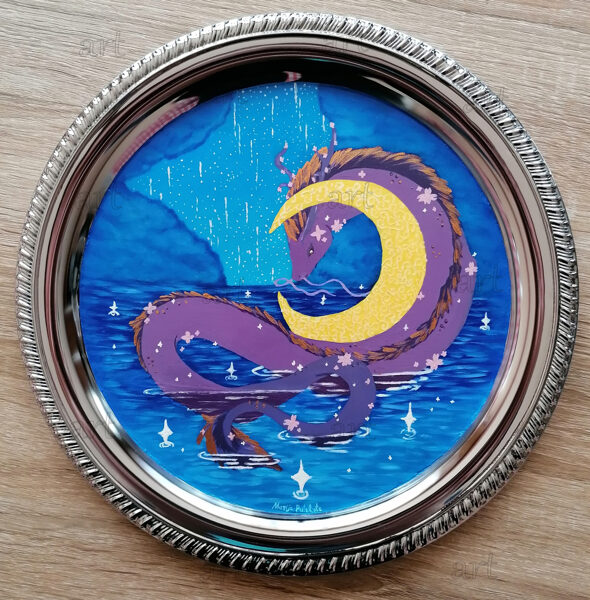 „Dragon with moon in the water“ (metal art)“