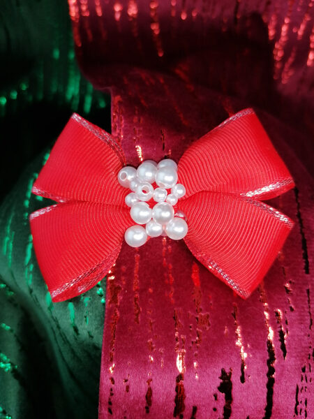 „Red small bows with silver edges with white beads“(bows-sku347)