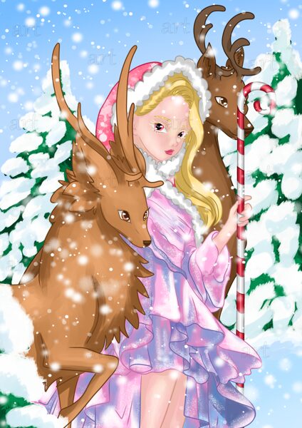 „Christmas girl with deers“ (photocards and stickercards)“